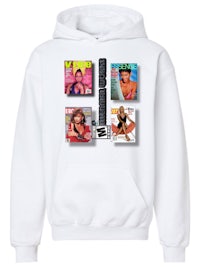 a white hoodie with a magazine cover on it