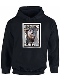 a black hoodie with an image of a dog wearing a crown