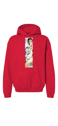 a red hooded sweatshirt with an image of a man and a woman