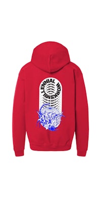 a red hoodie with a blue and white design on it