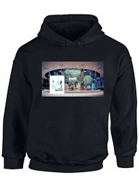 a black hoodie with a picture of a building