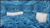 a blue tiled bathroom with a bathtub and sink